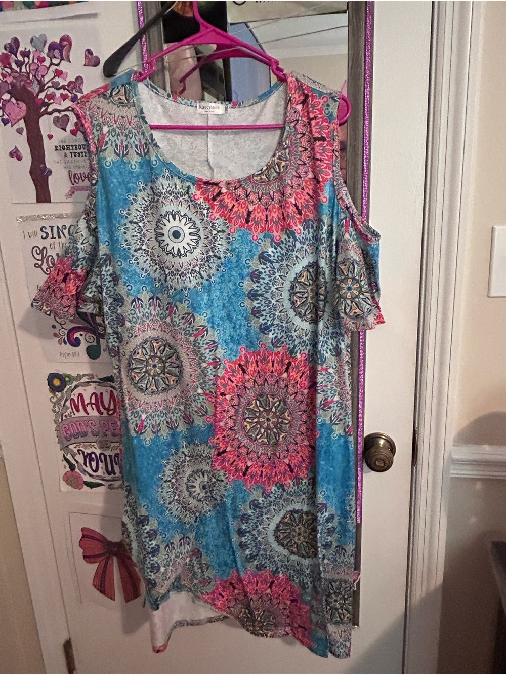 Cold-Shoulder Medallion Print Tunic Dress - Blue/Pink